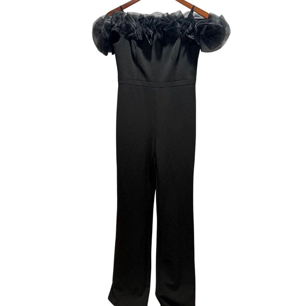 Aidan Mattox‎ Black Off Shoulder Ruffle Tulle Formal Jumpsuit